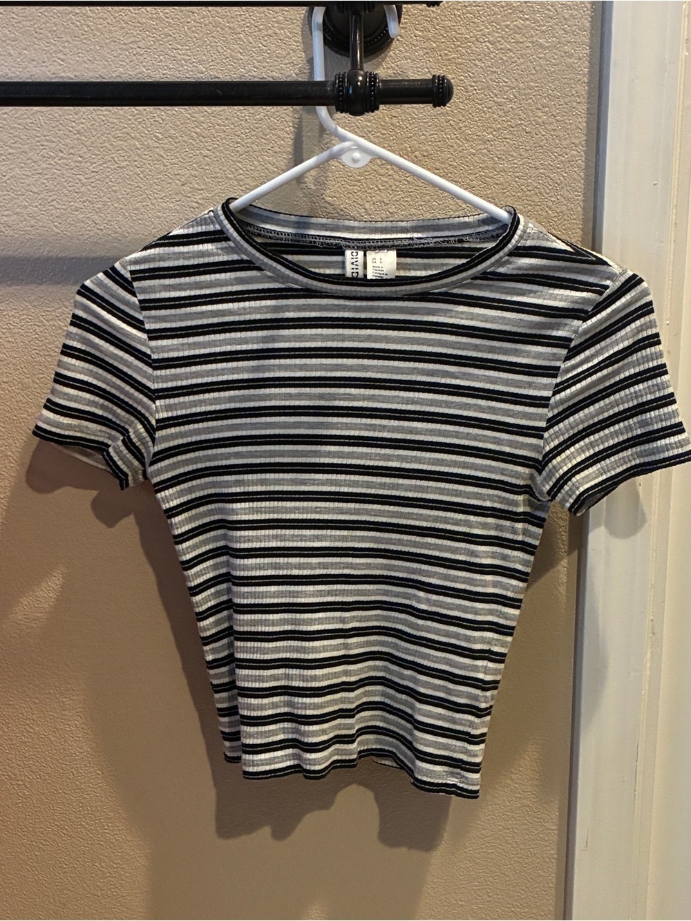 Divided Black and White Striped Short Sleeve Tee